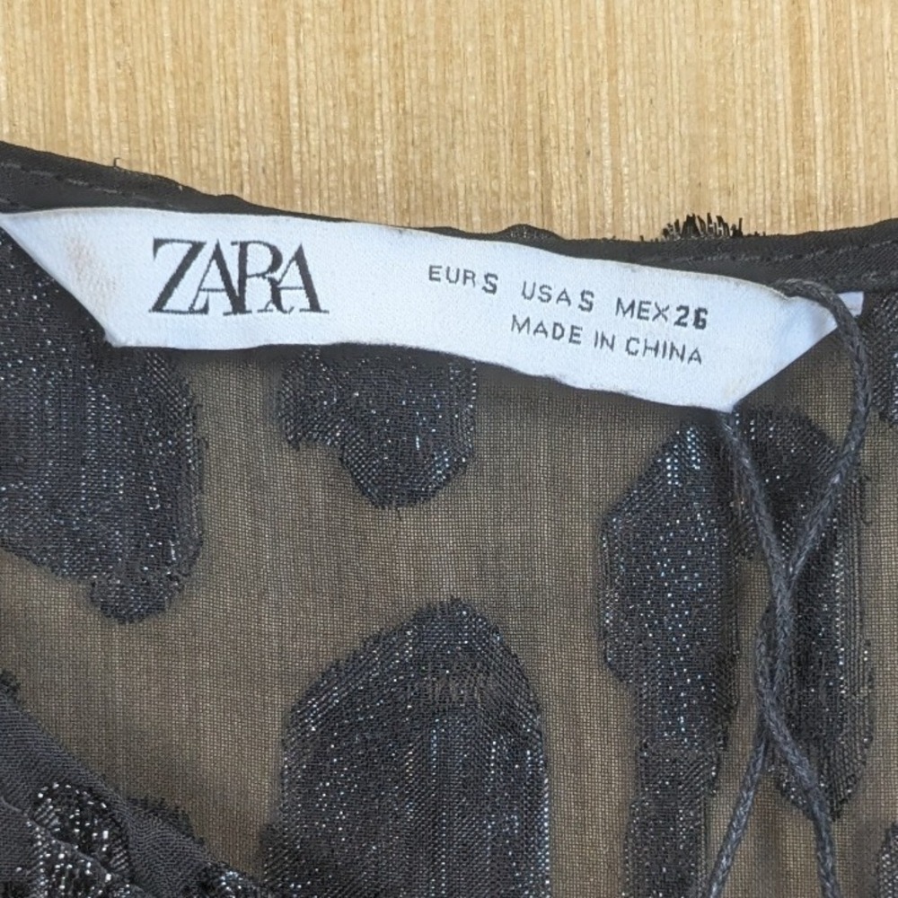 ZARA Blouse Black Sheer Textured Animal Print Ruffle Festive Chic Women's Small - Picture 2 of 5